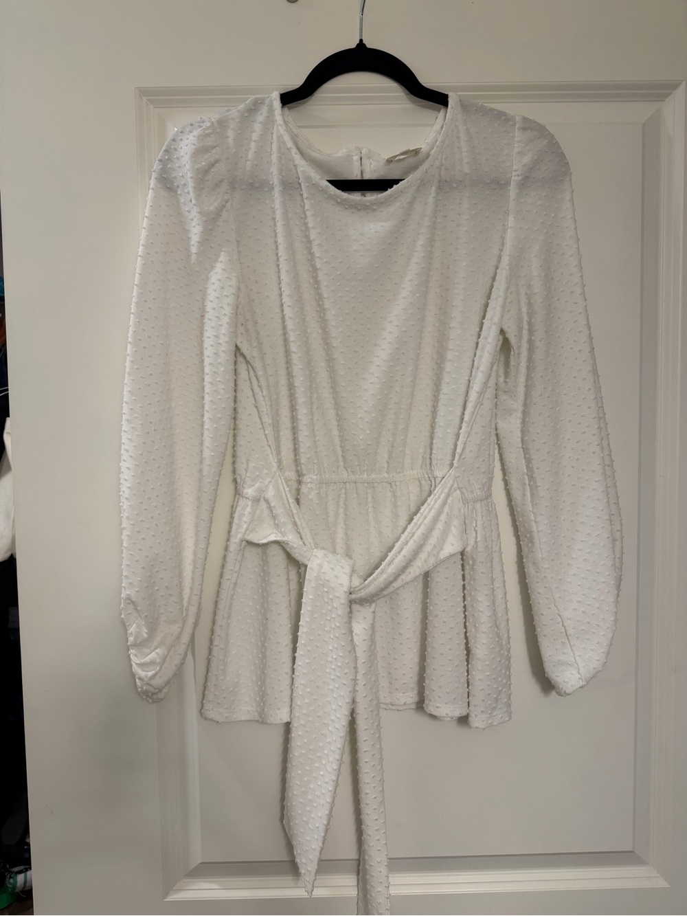 Women's White Swiss Dot Tie-Waist Blouse